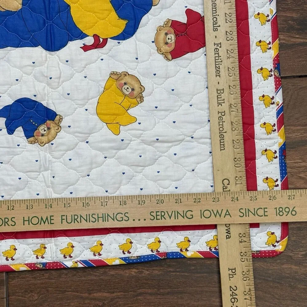 Vintage BABY Quilt Teddy Bears Ducks Striped Trim Blanklet Handmade Reversible